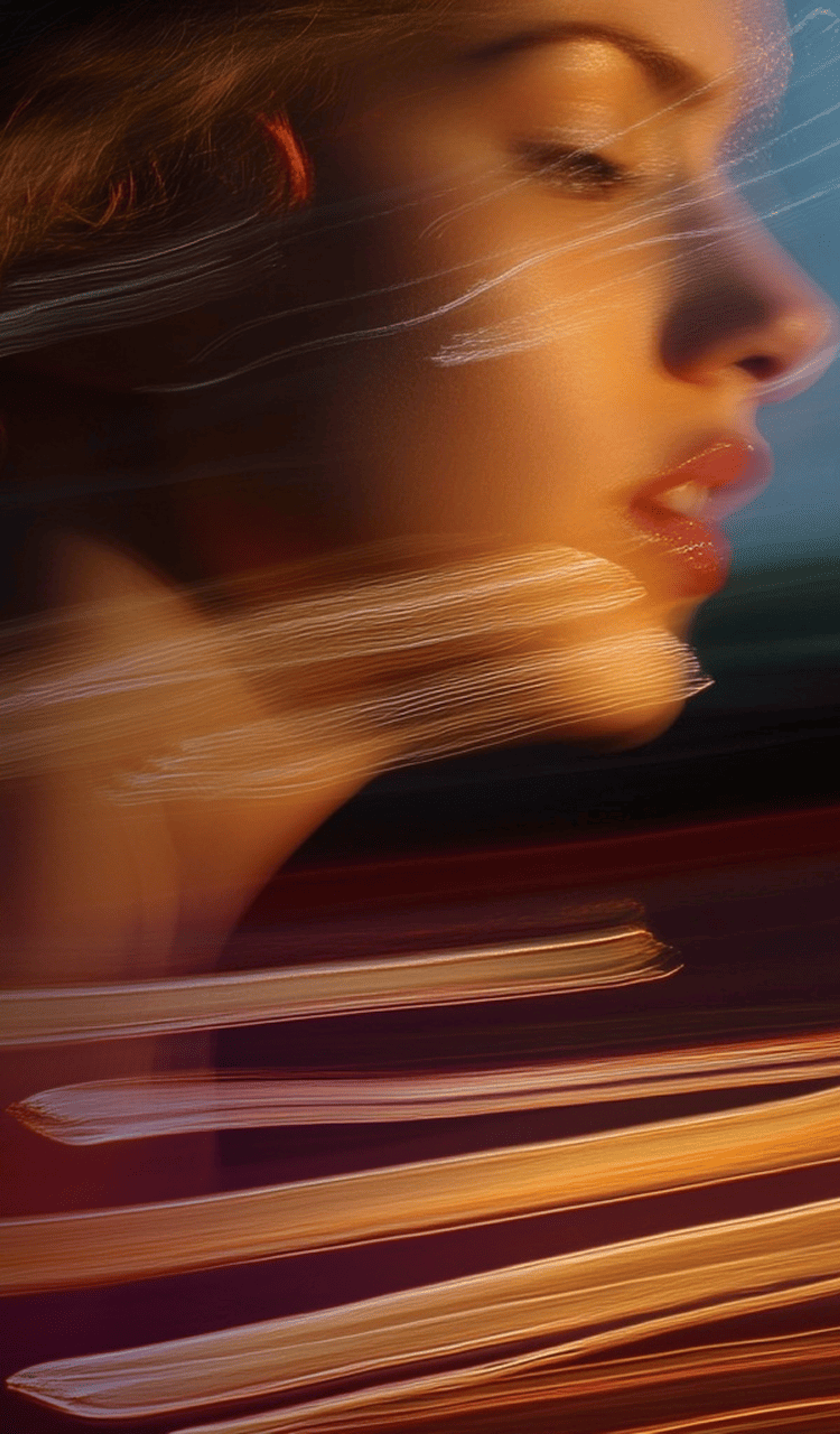 Woman's face in motion blur with streaks of light and warm tones