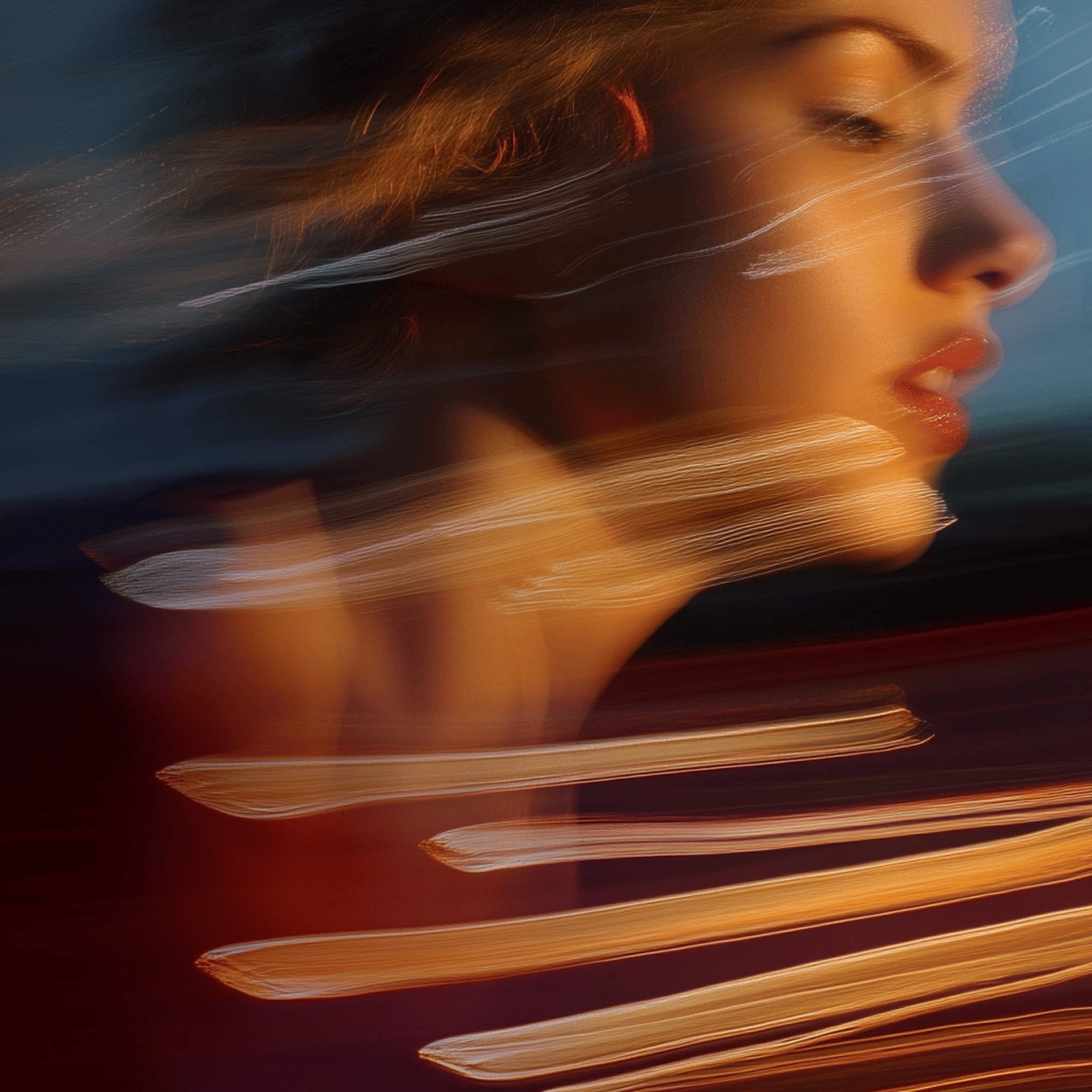 Woman's face in motion blur with streaks of light and warm tones